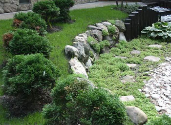 Подпорная стена из камня в саду выложенная сухой кладко